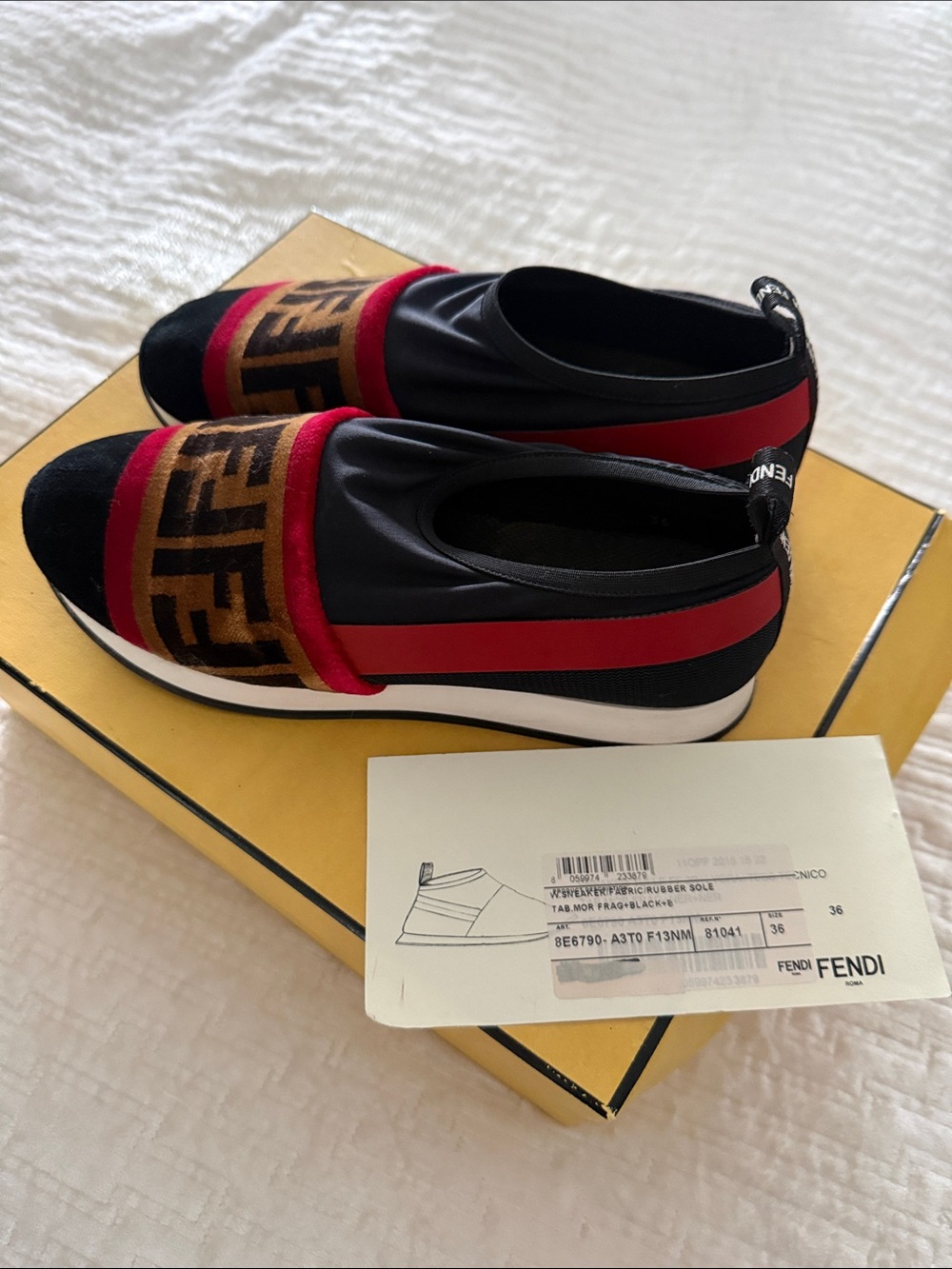 Fendi Black and Red FF Logo Slip-On Sneakers